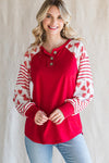 Fiery Red Heart Striped Raglan Sleeve Henley Top-Tops-MomFashion