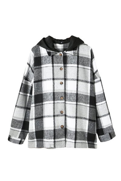 Gray Hooded Plaid Button Front Shacket-Outerwear-MomFashion