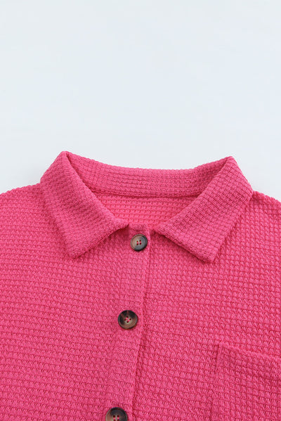 Pink Waffle Knit Button Up Casual Shirt-Tops-MomFashion