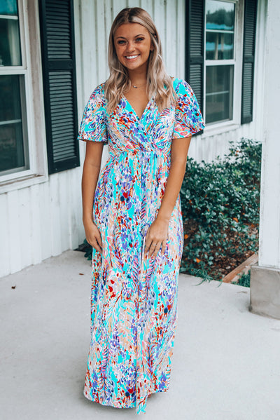 Green Wrap V Neck Floral Maxi Dress-Dresses-MomFashion