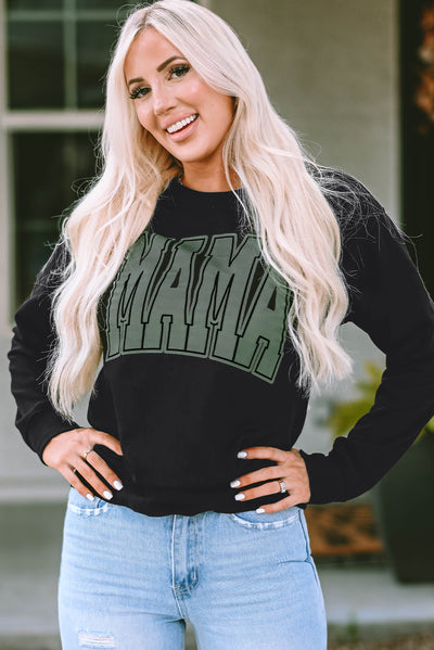 Black Mama Varsity Crew Neck Sweatshirt-Tops-MomFashion