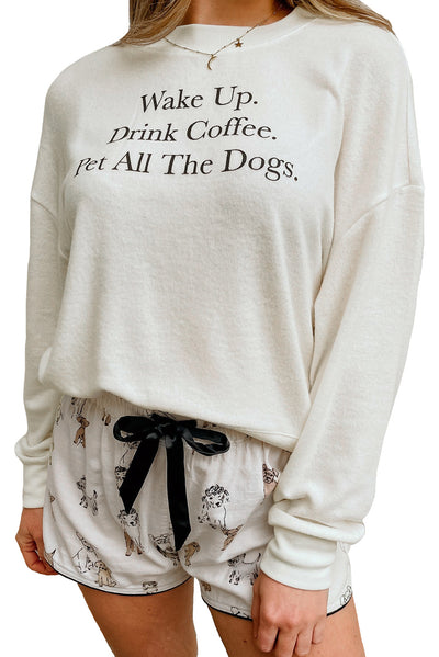 White Long Sleeve Letters Pullover and Animal Shorts Lounge Set-Loungewear-MomFashion