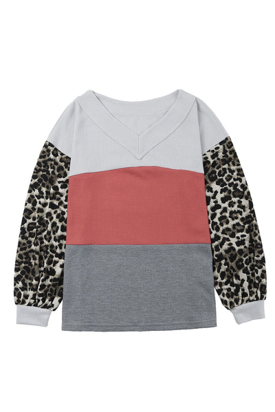 Fiery Red Wild Leopard Contrast Sleeve Colorblock Waffle Knit Top-Tops-MomFashion