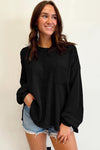 Black Exposed Seam Patchwork Bubble Sleeve Waffle Knit Top-Tops-MomFashion