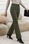 Green High Waist Square Pockets Corduroy Pants-Bottoms-MomFashion