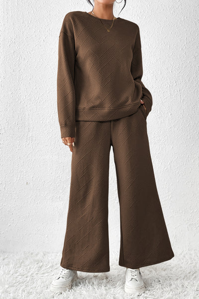 Dark Brown Ultra Loose Textured 2pcs Slouchy Outfit-Loungewear-MomFashion