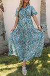 Sky Blue Paisley Print Boho Holiday Ruffle Tiered Maxi Dress-Dresses-MomFashion