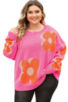 Bonbon Plus Size Flower Pattern Drop Shoulder Sweater-Plus Size-MomFashion