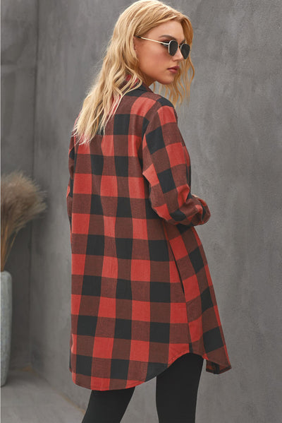 Fiery Red Turn-down Collar Plaid Shirt Coat-Outerwear-MomFashion