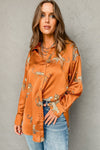 Russet Orange Cheetah Animal Print Button Up Satin Shirt-Tops-MomFashion