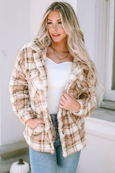 Khaki Sherpa Plaid Button Pocketed Jacket-Outerwear-MomFashion