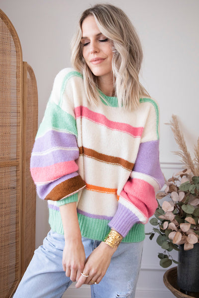 Multicolor Striped Colorblock Drop Shoulder Sweater-Tops-MomFashion