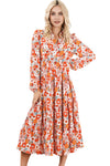 Multicolor Boho Floral Collared Long Sleeve Ruffled Dress-Dresses-MomFashion