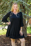 Black Plus Size Ruffled Trim 3/4 Sleeve Dress-Plus Size-MomFashion