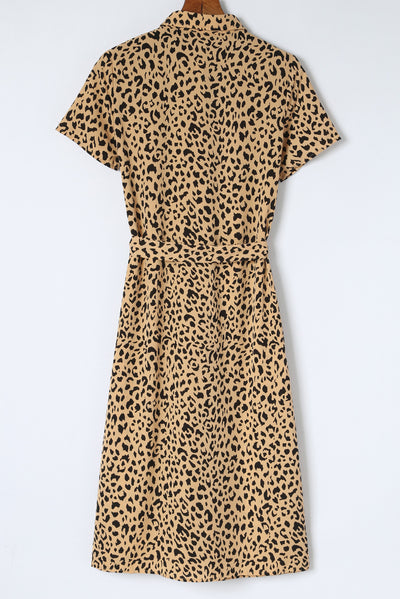 Khaki Leopard Turn-Down Collar Slit Midi Dress-Dresses-MomFashion