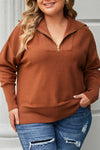 Brown Solid Ribbed Trim Plus Size Zip Collar Sweater-Plus Size-MomFashion