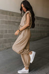 Light French Beige Cap Sleeve Open Back Drawstring Jogger Jumpsuit-Bottoms-MomFashion