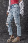 Sky Blue Light Wash Frayed Slim Fit High Waist Jeans-Bottoms-MomFashion