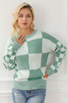 Mint Green Checkered Print Drop Shoulder Sweater-Tops-MomFashion