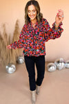 Red Dahlia Abstract Floral Shirred Detail Puff Sleeve Blouse-Tops-MomFashion