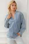 Sky Blue Split V-Neck Balloon Sleeve Ruched Denim Top-Tops-MomFashion