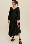 Black V Neck Bowknot Cutout Frill Tiered Maxi Dress-Dresses-MomFashion