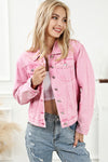 Pink Acid Wash Button Flap Pocket Denim Jacket-Outerwear-MomFashion