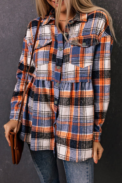 Multicolor Plaid Button Down Ruffled Shirt Jacket-Outerwear-MomFashion