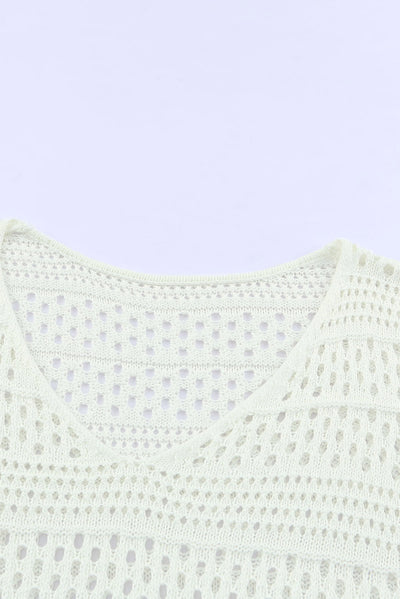 White Hollow Out Crochet V Neck Pullover Sweater-Swimwear-MomFashion