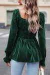 Blackish Green Smocked Ribbed Velvet Babydoll Top-Tops-MomFashion