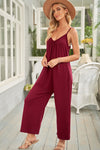 Red Spaghetti Straps Wide Leg Pocketed Jumpsuits-Bottoms-MomFashion