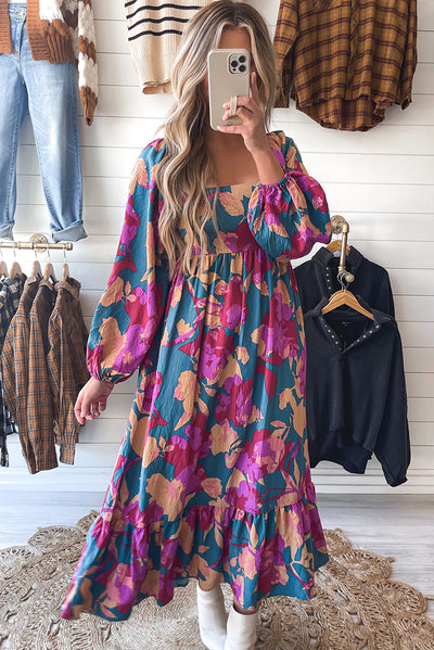 Multicolour Floral Print Square Neck Ruffled High Waist Dress-Dresses-MomFashion