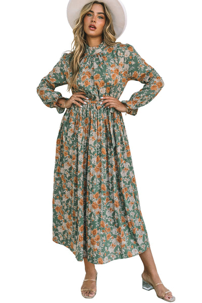 Green Pleated Long Sleeve Maxi Floral Dress with Tie-Dresses-MomFashion