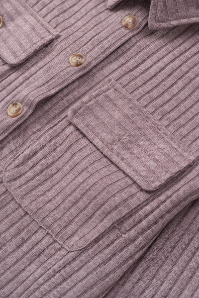 Purple Button Flap Pocket Ribbed Knit Shacket-Outerwear-MomFashion