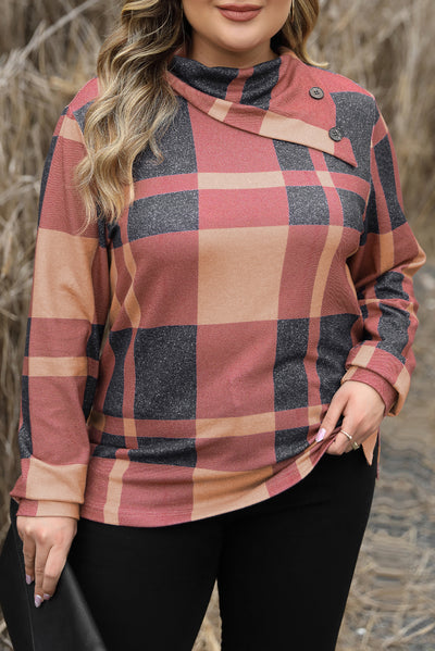 Mineral Red Plus Size Plaid Print Button Decor Asymmetric Neck Top-Plus Size-MomFashion