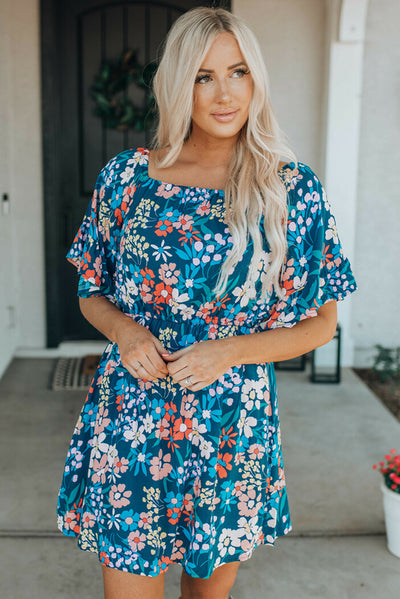 Blue Square Neck Ruffle Floral Dress-Dresses-MomFashion