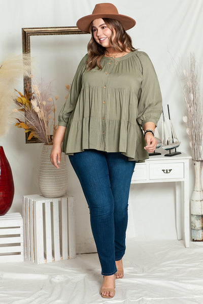 Green Plus Size Ruffle Tiered Split Neck Shirt-Plus Size-MomFashion