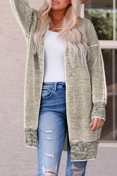 Apricot Plaid Knitted Long Open Front Cardigan-Tops-MomFashion