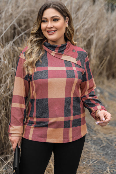 Mineral Red Plus Size Plaid Print Button Decor Asymmetric Neck Top-Plus Size-MomFashion