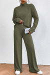 Jungle Green Ribbed Knit High Neck Loose Top and Pants Set-Loungewear-MomFashion