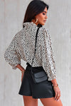 Khaki Frilled Neck 3/4 Sleeves Cheetah Blouse-Tops-MomFashion