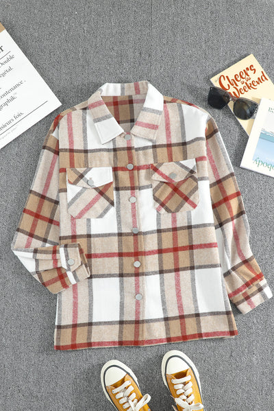 Khaki Plaid Print Buttoned Shirt Coat with Pocket-Outerwear-MomFashion