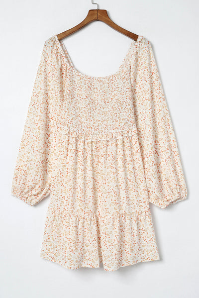 Apricot Boho Floral Smocked Puff Sleeve Mini Dress-Dresses-MomFashion