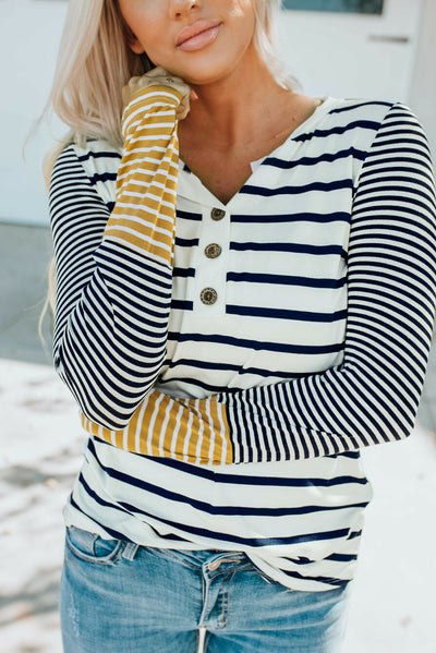 Long Sleeve Stripe Button Henley Top-Tops-MomFashion