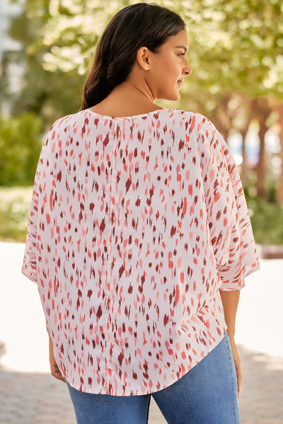 Pink Printed 3/4 Dolman Sleeve Plus Size Blouse-Plus Size-MomFashion