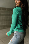 Green Trimmed Neckline Waffle Knit Henley Top-Tops-MomFashion