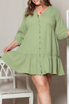 Green Textured Ruffled Buttoned V Neck Plus Size Mini Dress-Plus Size-MomFashion