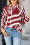 Burgundy Stripe Kangaroo Pocket Drawstring Hoodie-Tops-MomFashion