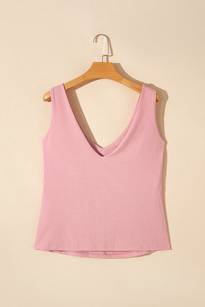 Light Pink V Neck Rib Textured Tank Top-Tops-MomFashion