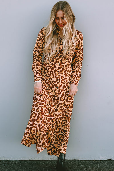 Leopard Button-Up Long Sleeve Maxi Dress-Dresses-MomFashion